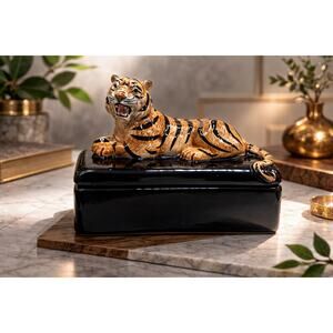 Vintage Fitz & Floyd Tiger Card Box | Hand Painted Ceramic | Made in Japan